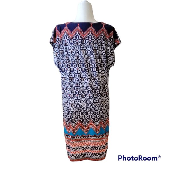 Laundry By Shelli Segal Navy Blue White Orange Print Shift Dress Size M - Picture 5 of 11